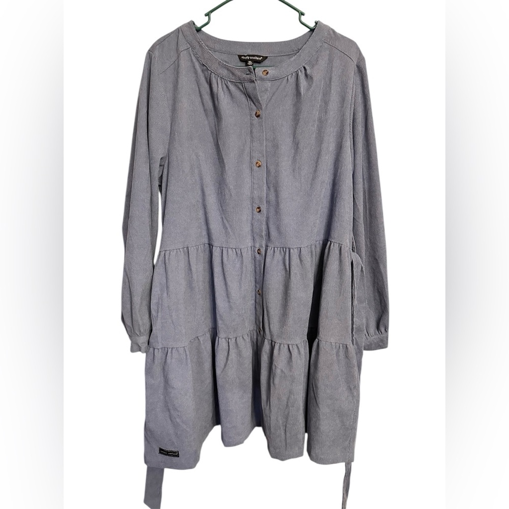 Simply Southern Dress Dusty Blue Tiered Button Up Long Sleeve Corduroy Size XL